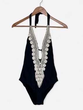 Xhilaration Black Crochet Lace Halter One Piece Swimsuit NWT Size Small 4-6